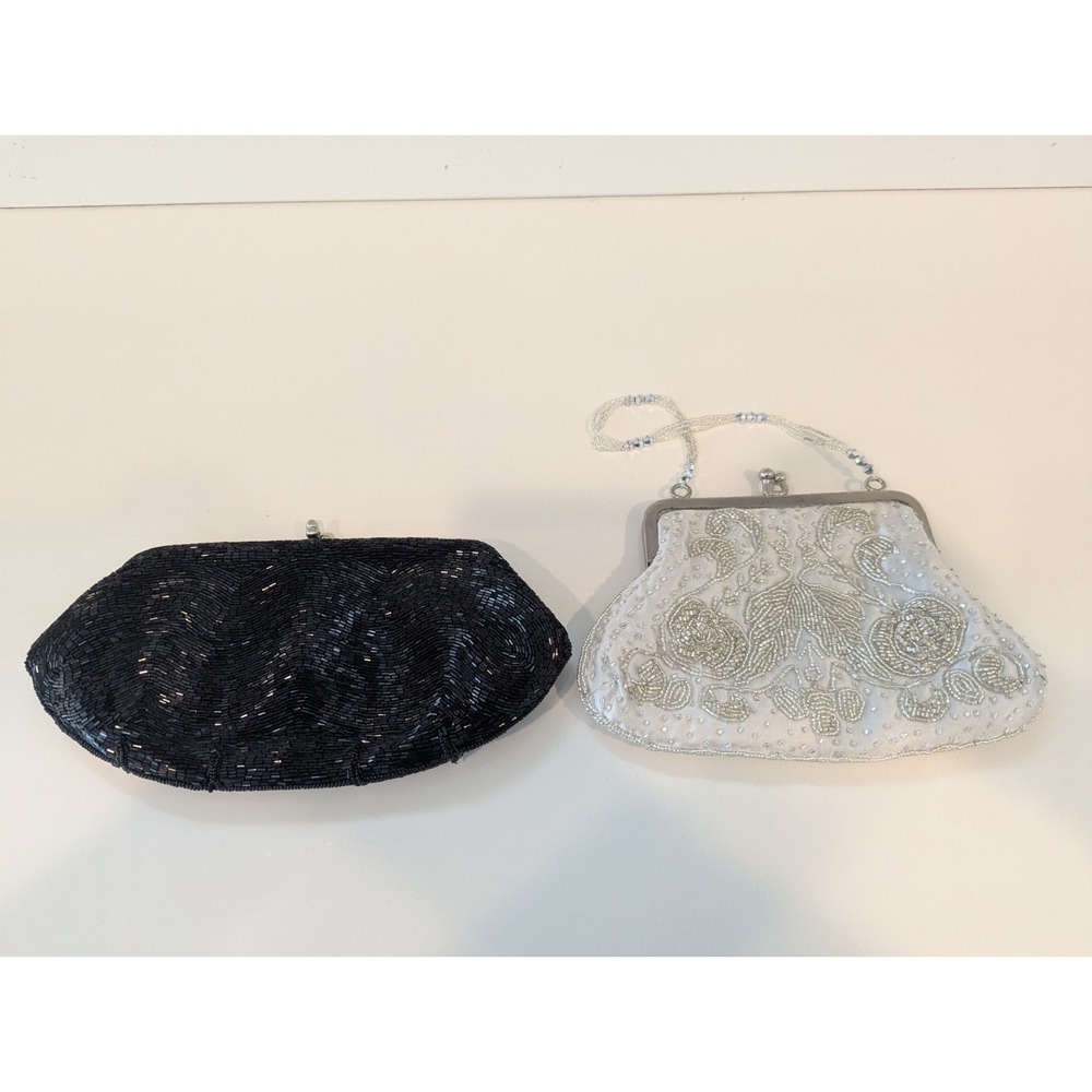 Vintage Black Hand Beaded Magid Clutch Purse- Made in Japan La Regale White Bag